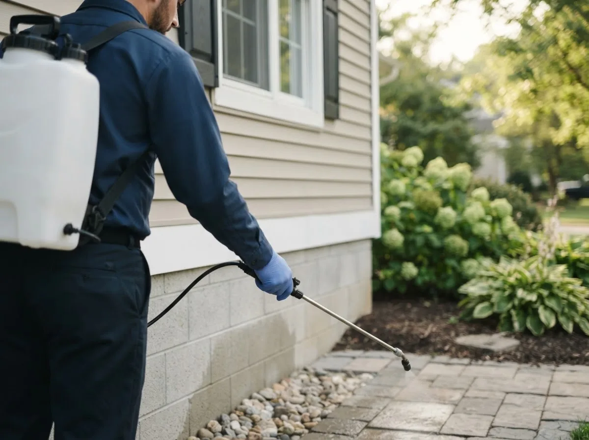 Pest control technician inspecting a home in Knierim, IA
